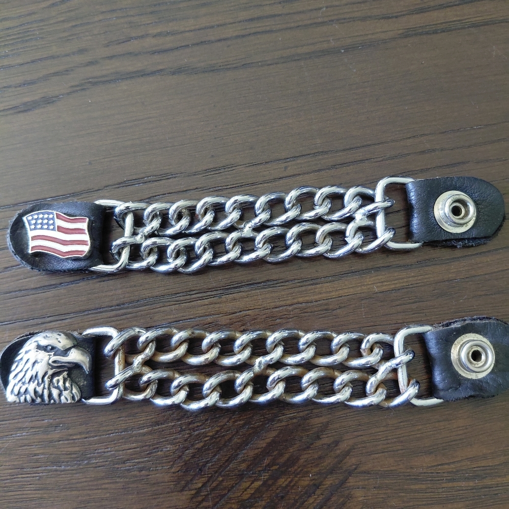 Silver and Black Chain Vest Extenders with American Flag and Eagle